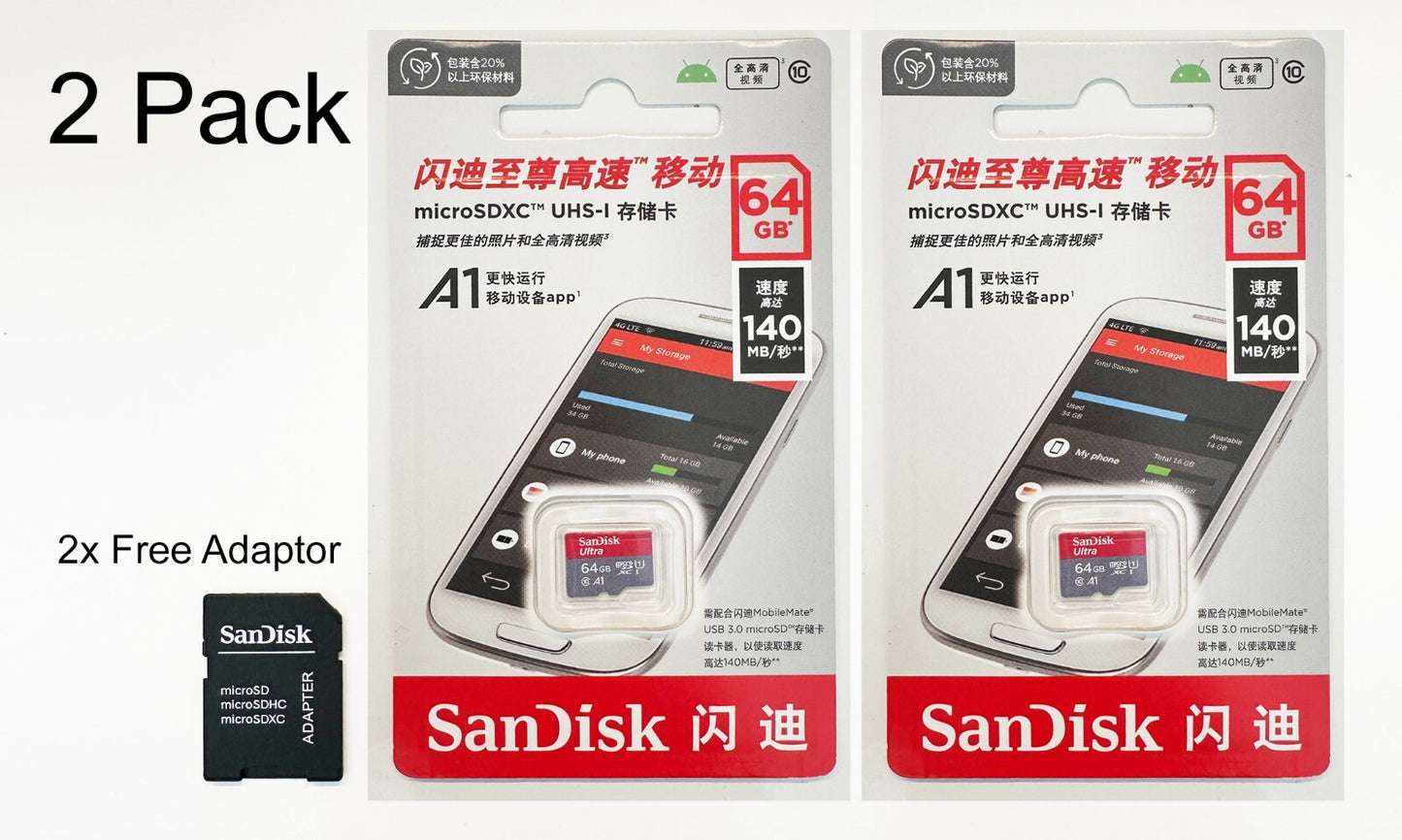 2x SanDisk 64GB Ultra SDXC SD Card Class 10 UHS-I Memory Card 140MB/S
