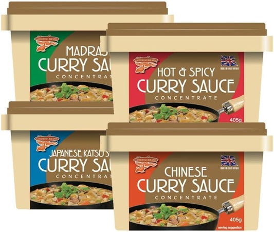 Goldfish Takeaway Curry Sauce Paste Concentrate (4x405g - MIX) Mild - Hot&Spicy - Japanese Katsu - Madras (CASE of 4)