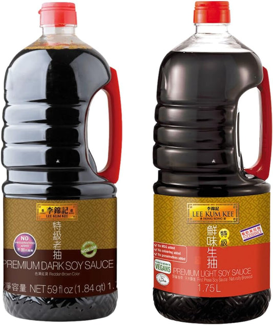 Lee Kum Kee Premium Light Soy Sauce & Dark Soy Sauce 1.75L Bulk Size (Pack of 2) HALAL & VEGANS