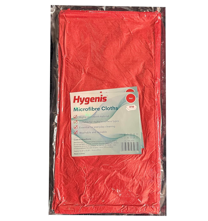 Hygenis Pack of 10 Microfibre Cleaning Cloths Dusters Car Bathroom Polish Towels, Size 39 x 39 cm, Red