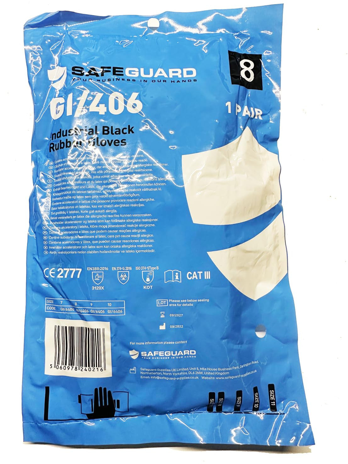 10 x SAFEGUARD Industrial Black Rubber Gloves Size 8/M |CAT III | D-20 | GI/406