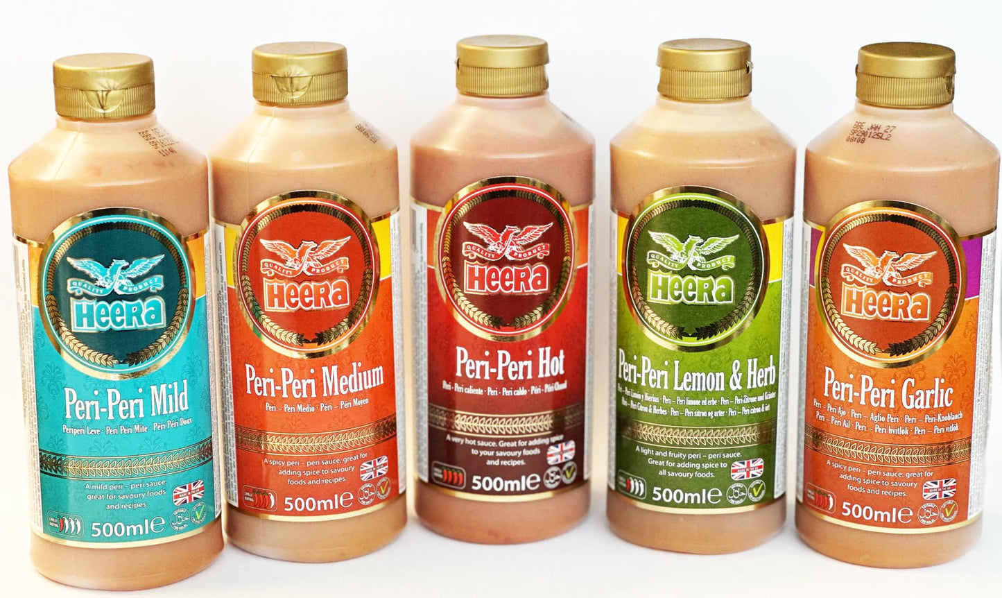Heera Peri Peri Sauce Variety Pack | Mild, Medium, Hot, Garlic, Lemon & Herb | 500ml Bottles | Portuguese Style Chilli Sauce | by SAKA