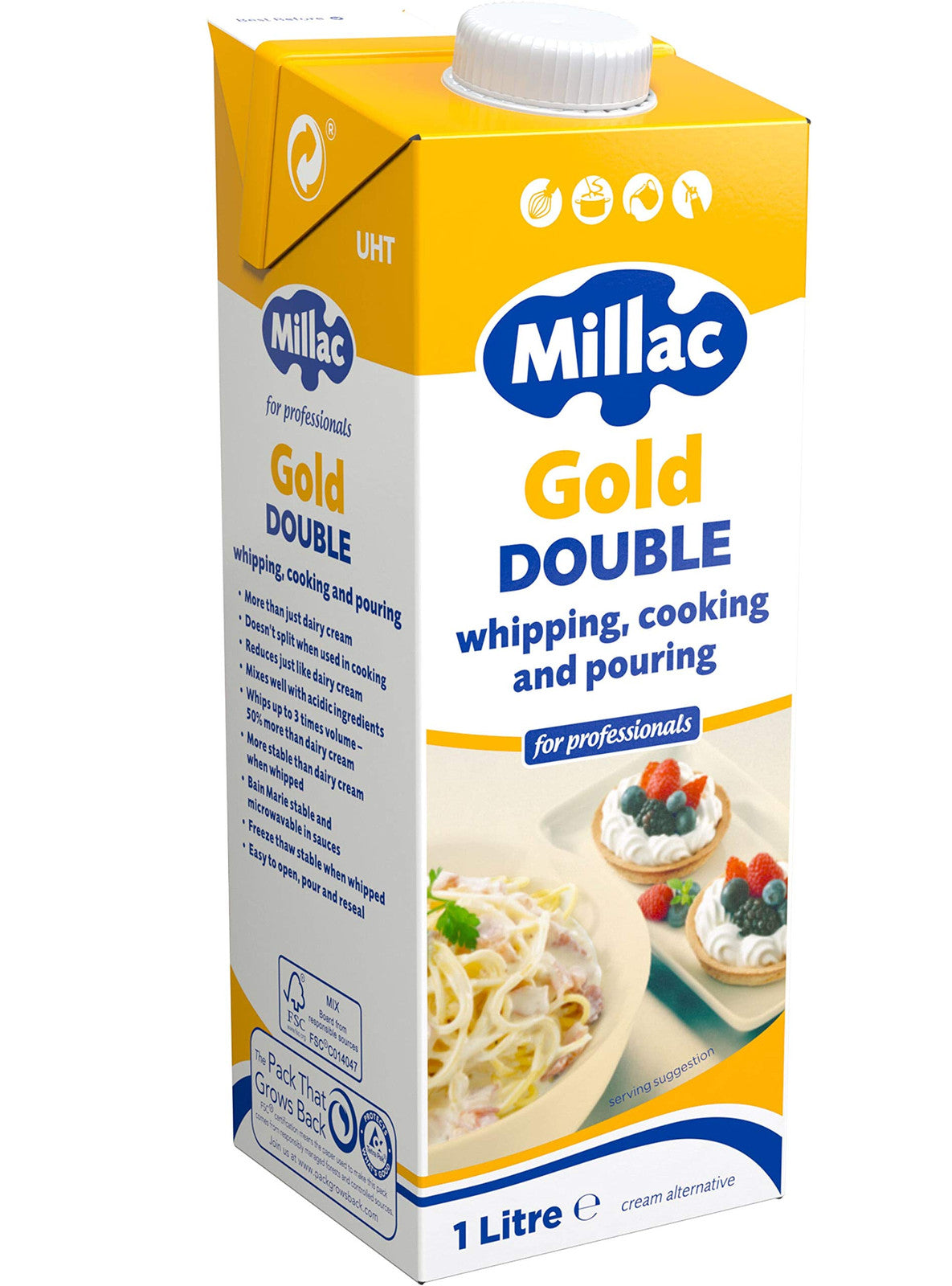 Millac Gold Double Cream Whipping, Cooking and Pouring Cream 1 Litre (Pack of 4)